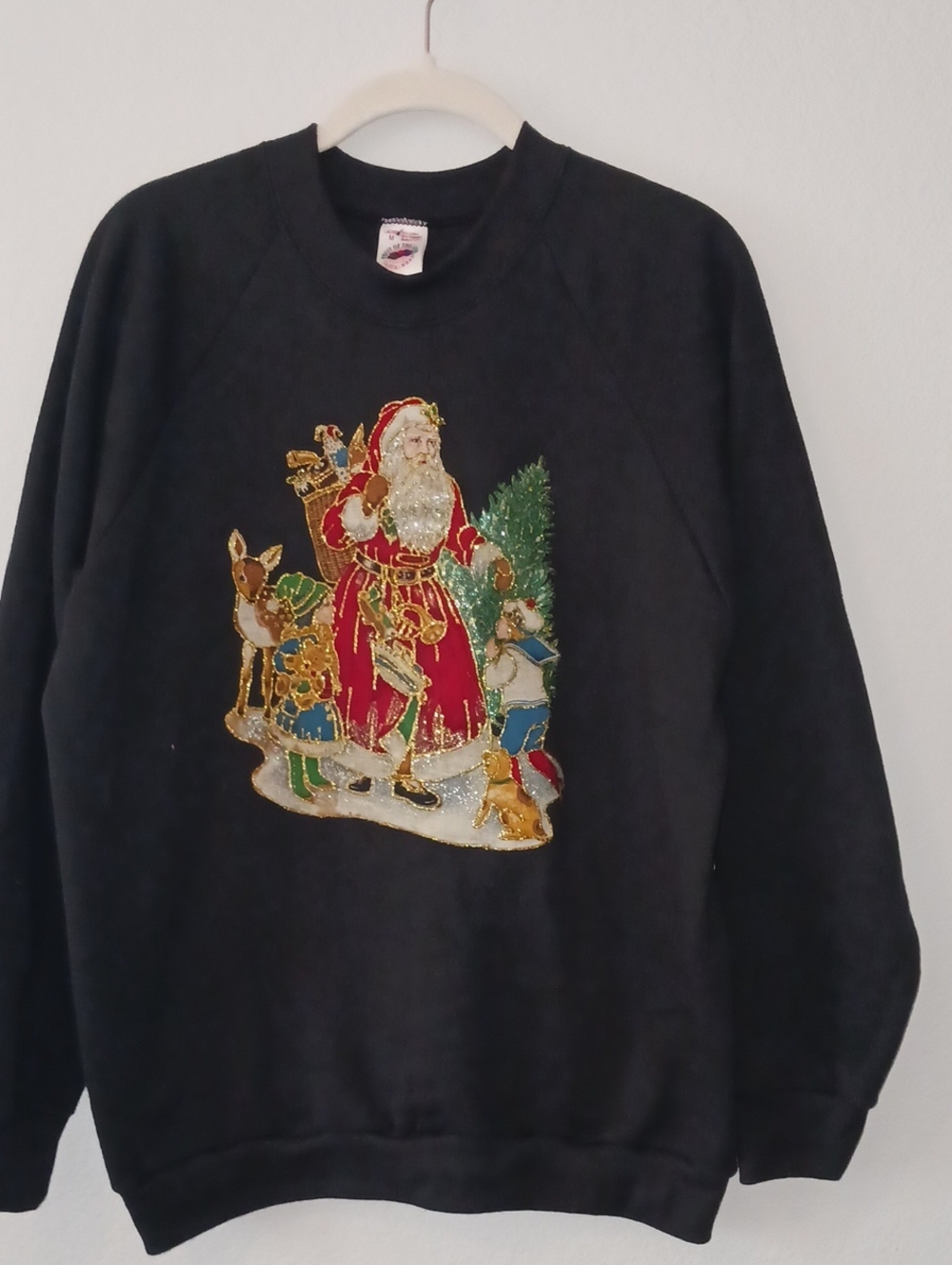 Fruit of the Loom Black Crewneck Sweater with Red Santa Graphic